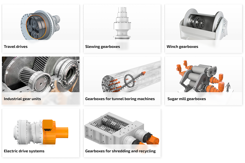 Nhóm sản phẩm ZOLLERN: Travel drives, Slewing gearboxes, Winch gearboxes, Industrial gear units, Gearboxes for tunnel boring machines, Sugar mill gearboxes, Electric drive systems, Gearboxes for shredding and recycling